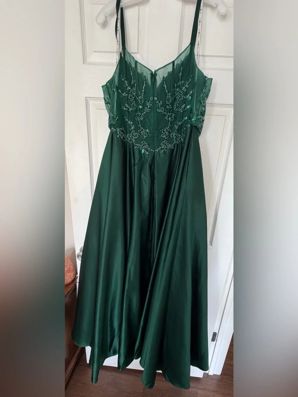 emerald green dress mother of the bride A-Line Lace Sleeves V-Neck Lon Size:30x28 Slim high-inventory Solid Ruffle Belt Long